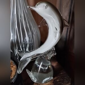 Large Blown Art Glass Sulpture of a Leaping Dolphin on Wave Silver